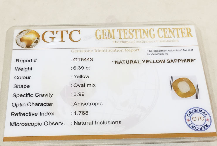 6.39 ct/7.25 ratti Natural Certified Ceylon Pukhraj/Yellow Sapphire